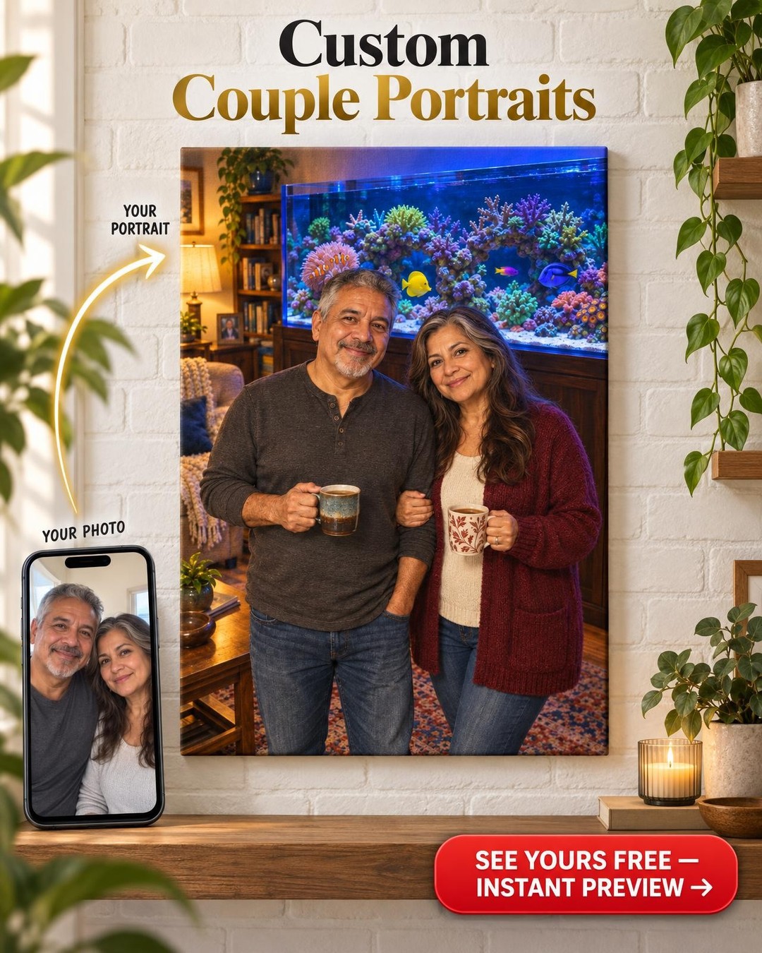 Our Reef at Night Couple Custom Portrait from Photo | Personalized Reef Aquarium Gift