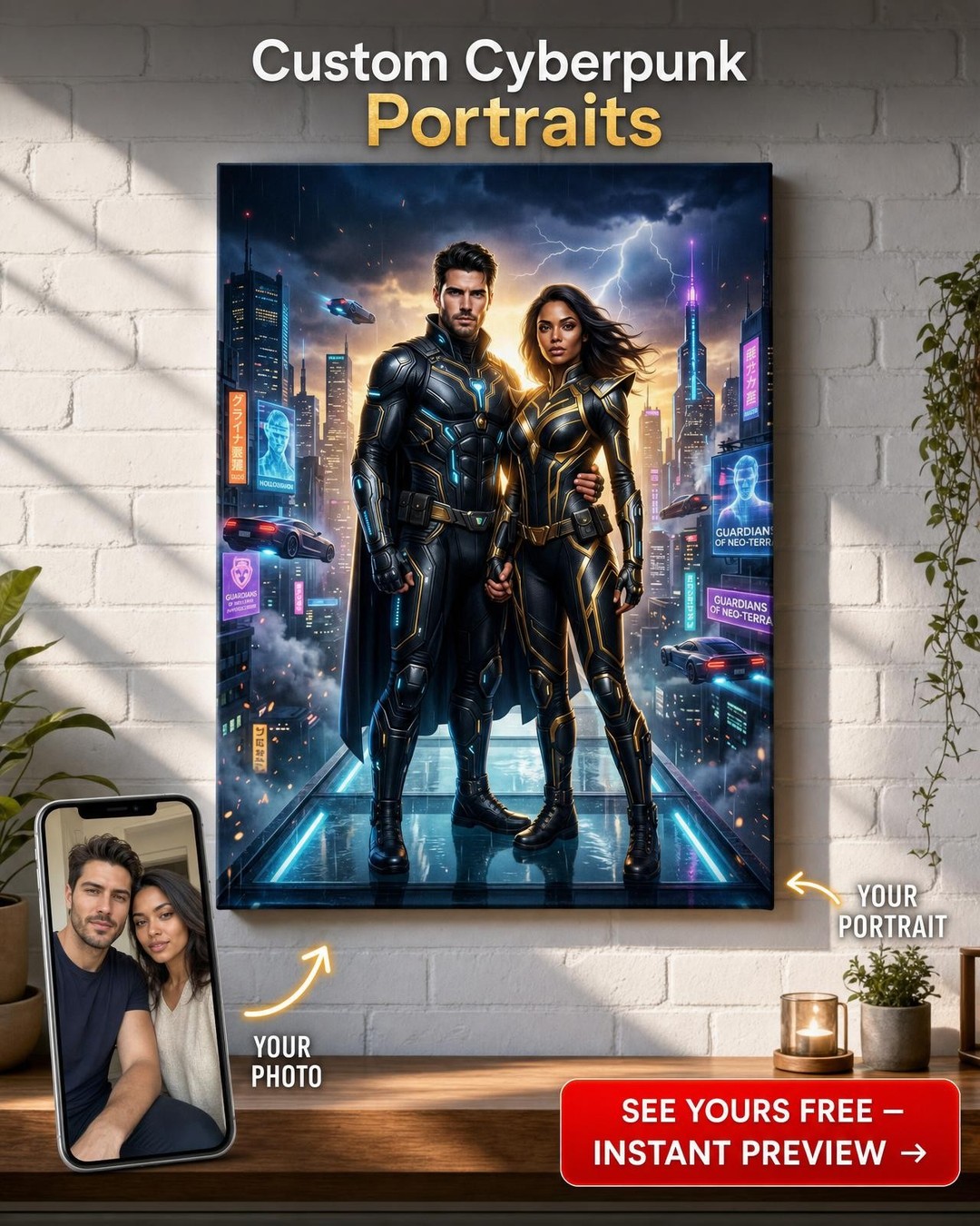 Custom Superhero Couple Portrait — Heroic Canvas Art from Photo