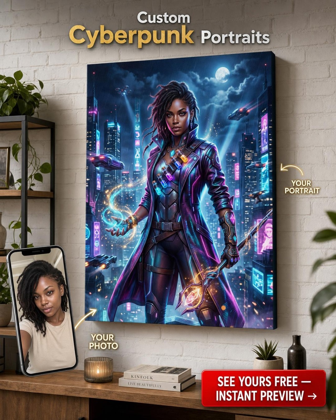 Custom Cyberpunk Single Man Portrait — Neon Sword Canvas for Woman