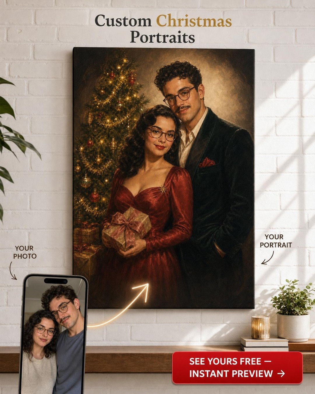 Custom 1940s Hollywood Christmas Tree Portrait — AI-regenerated portrait persona