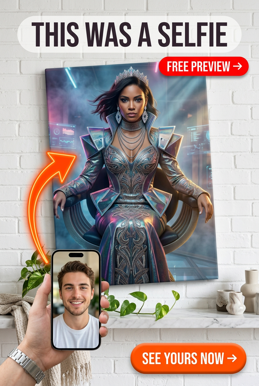 Custom Cyberpunk Woman Portrait — Regal Crown Throne Canvas