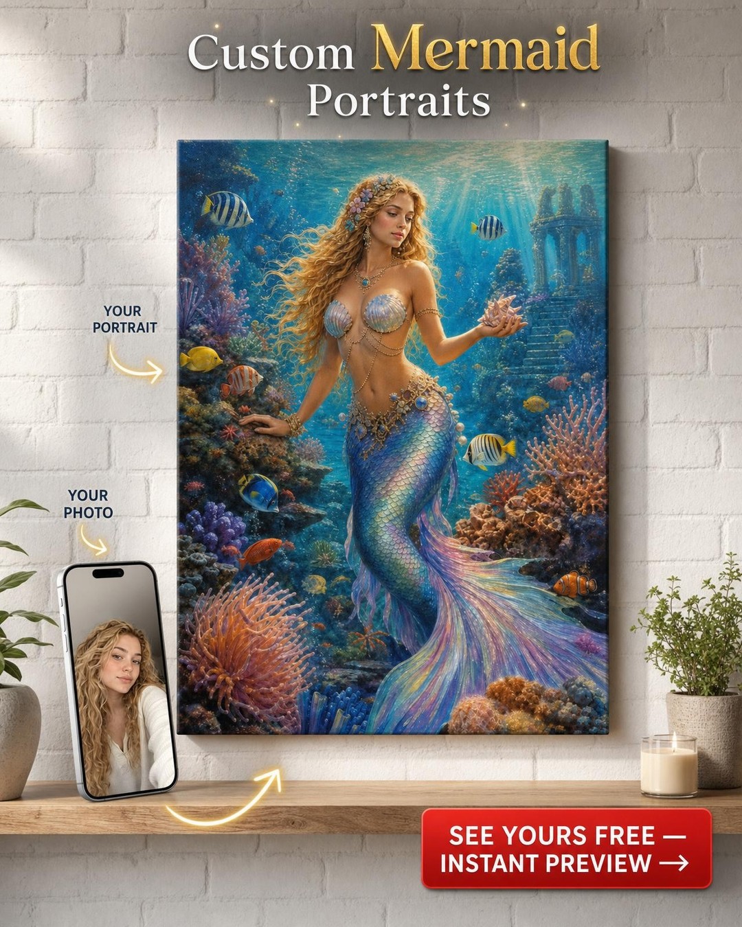 Coral Reef Mermaid Custom Portrait from Photo | Personalized Canvas Gift