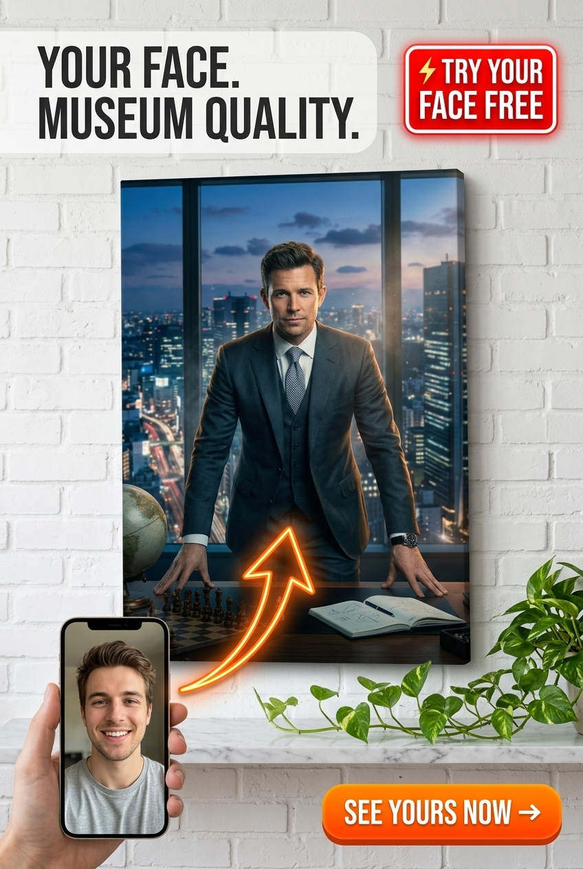 Custom Cyberpunk Man Portrait — Heroic Suit & Skyline Canvas