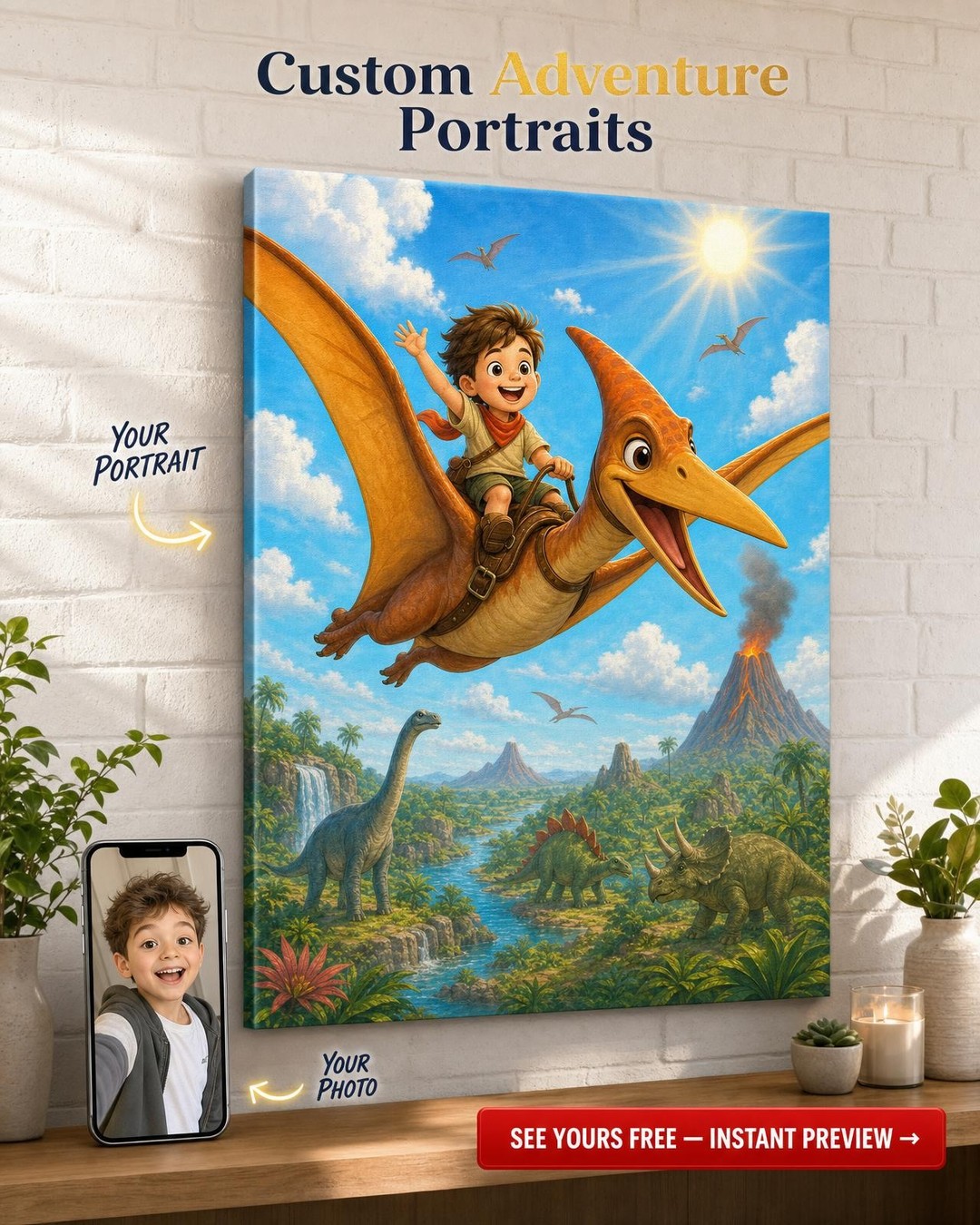 Sky Dino Custom Portrait from Photo | Personalized Canvas Gift