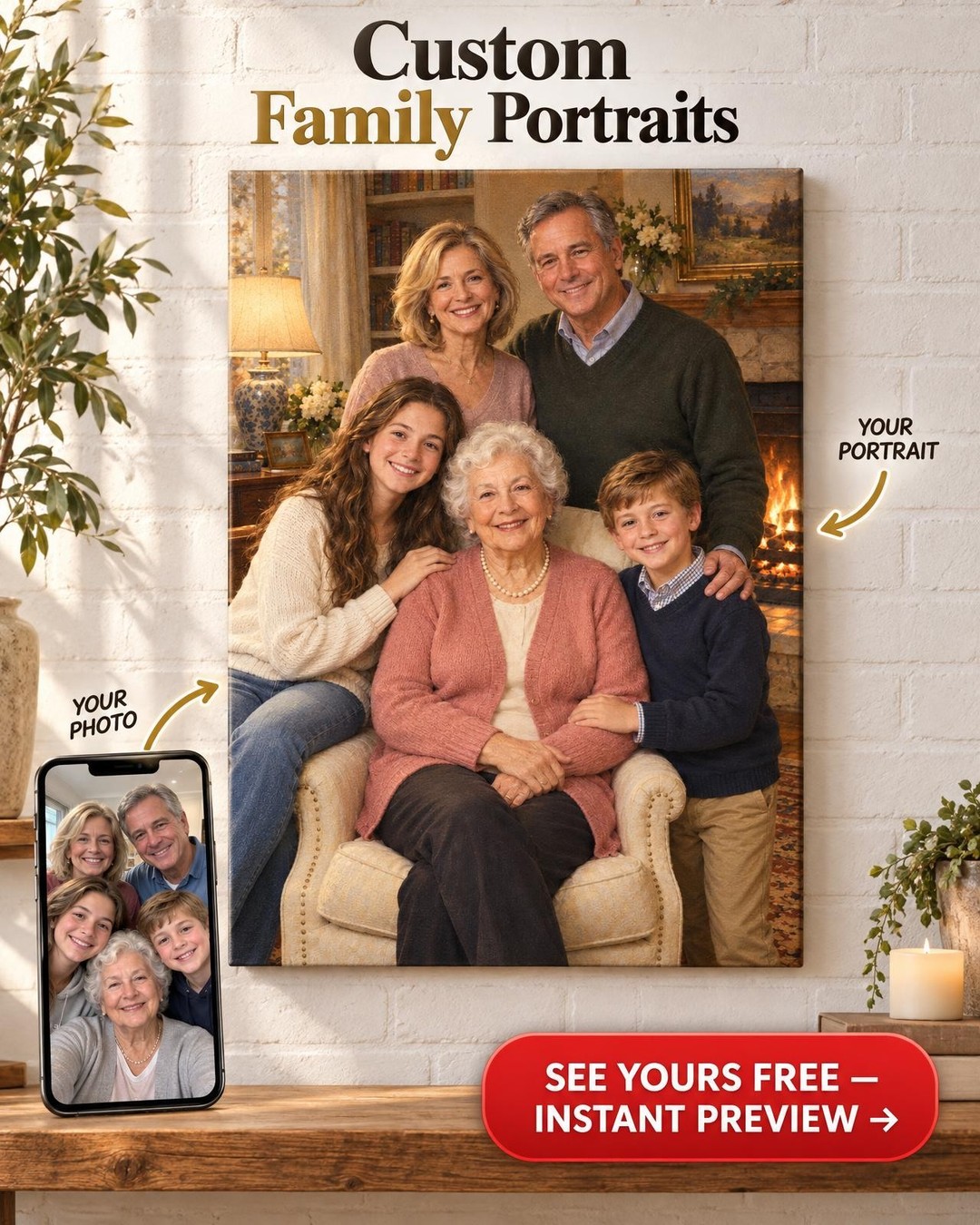 Family Portrait with Grandma Who Passed Away: Custom Memorial Canvas from Photos