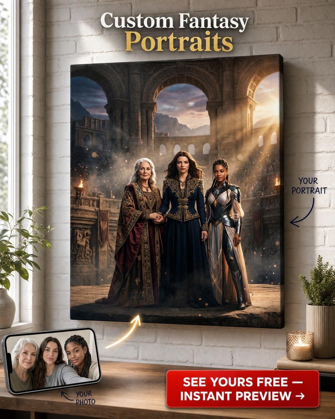 Custom Fantasy Single Woman Portrait — Regal Throne Canvas
