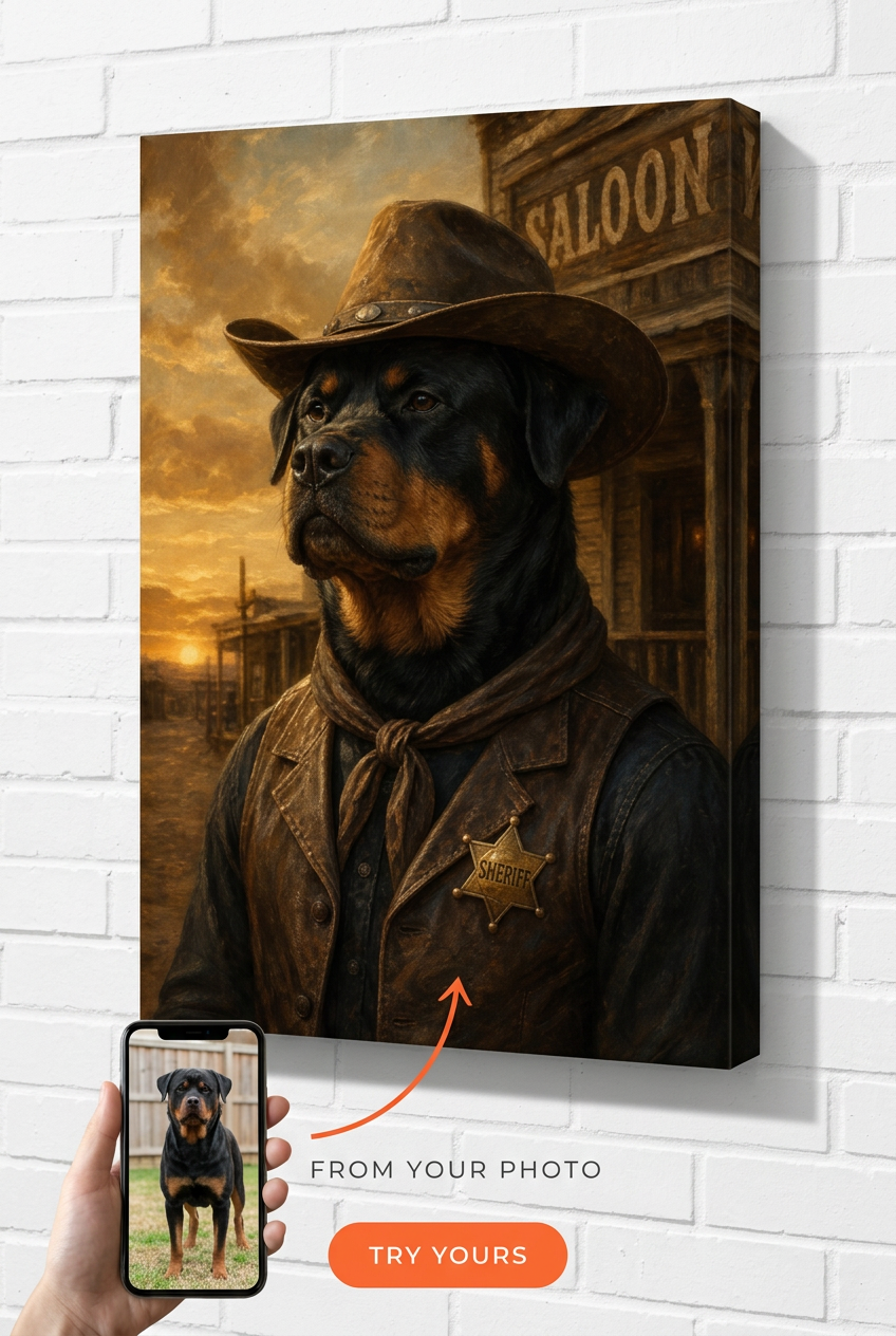 Custom Cowboy Dog Portrait — Heroic Western Canvas from Photo