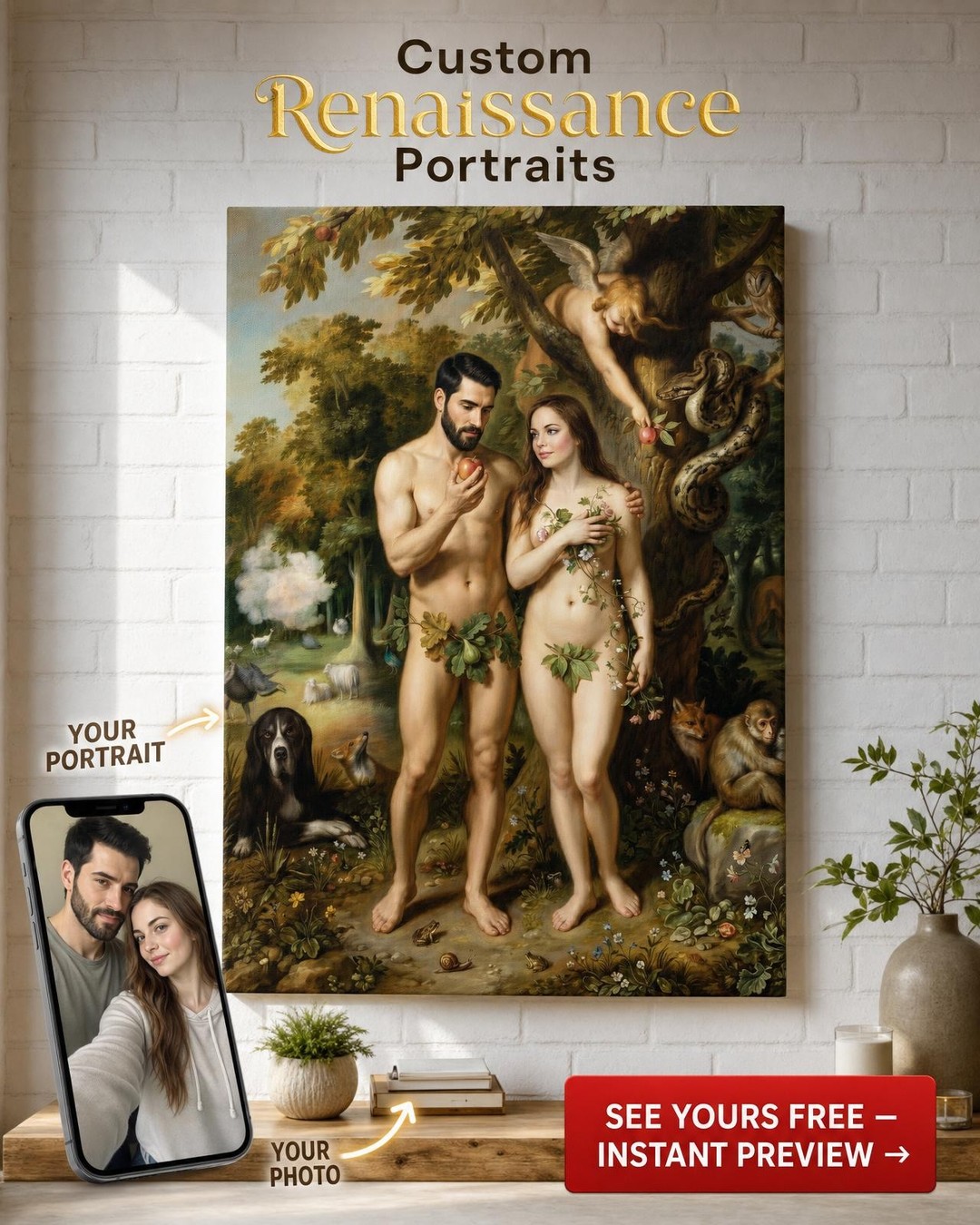 Romantic Renaissance Garden Custom Portrait from Photo | Personalized Canvas Gift