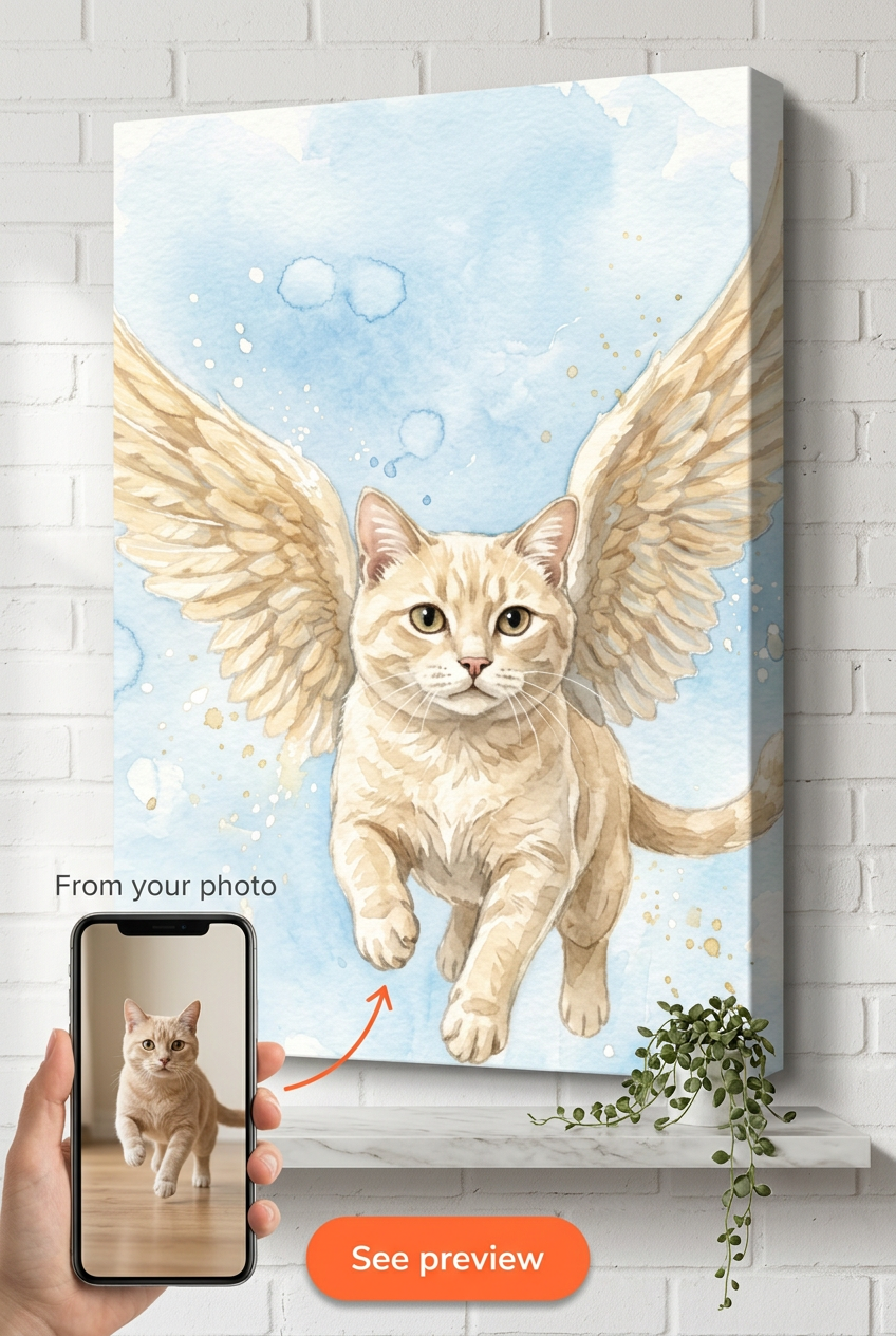 Custom Pet Cat Portrait — Whimsical Wings Canvas