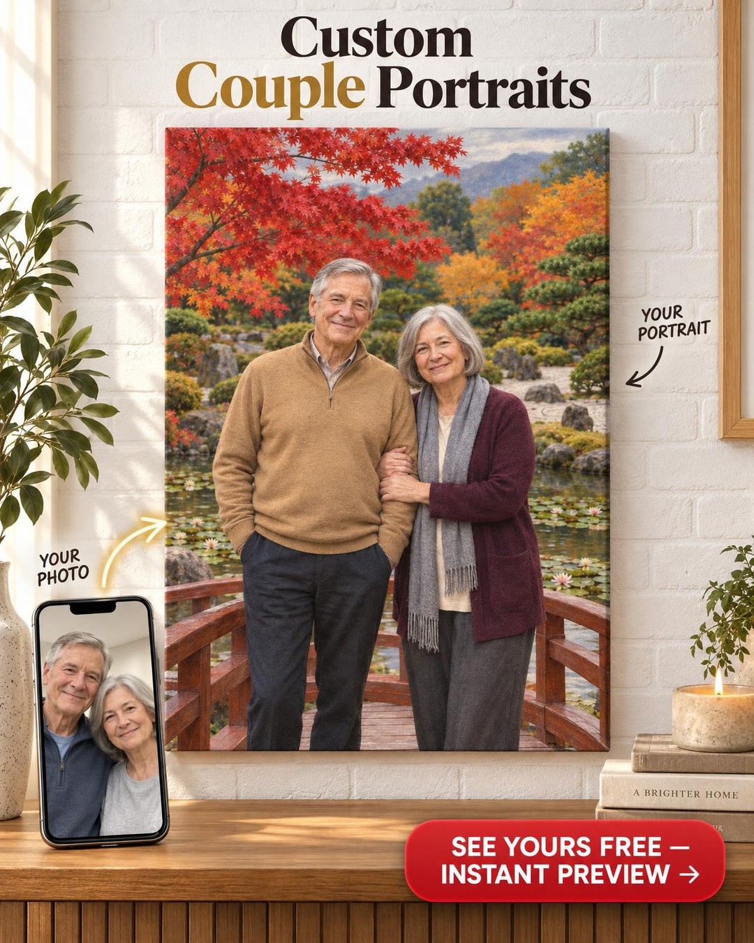 Japanese Garden Couple Custom Portrait from Photo | Personalized Serenity Canvas Gift