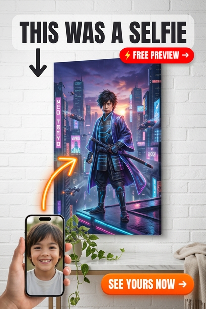 Custom Cyberpunk Boy Portrait — Heroic Neon Samurai Canvas