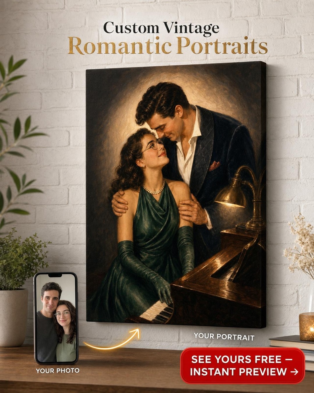 Custom 1940s Hollywood Piano Couple Portrait | Premium Canvas Portraits
