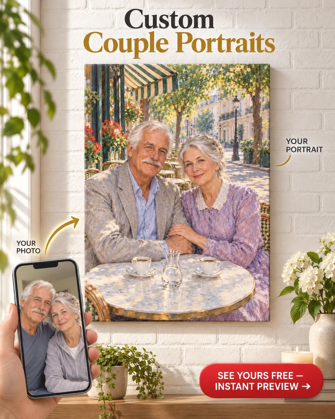 Impressionist Paris Café Couple Custom Portrait from Photo | Personalized Masterpiece Portrait Gift