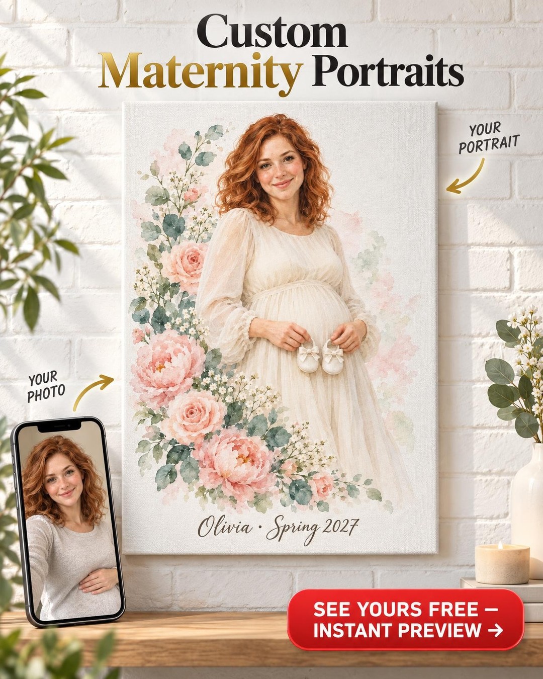 Watercolor Maternity Custom Portrait from Photo | Nursery Keepsake