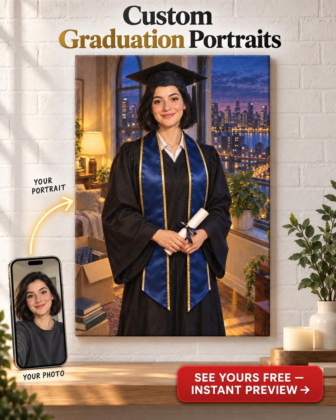 City Lights Graduation Custom Portrait from Photo | Personalized Graduation Gift