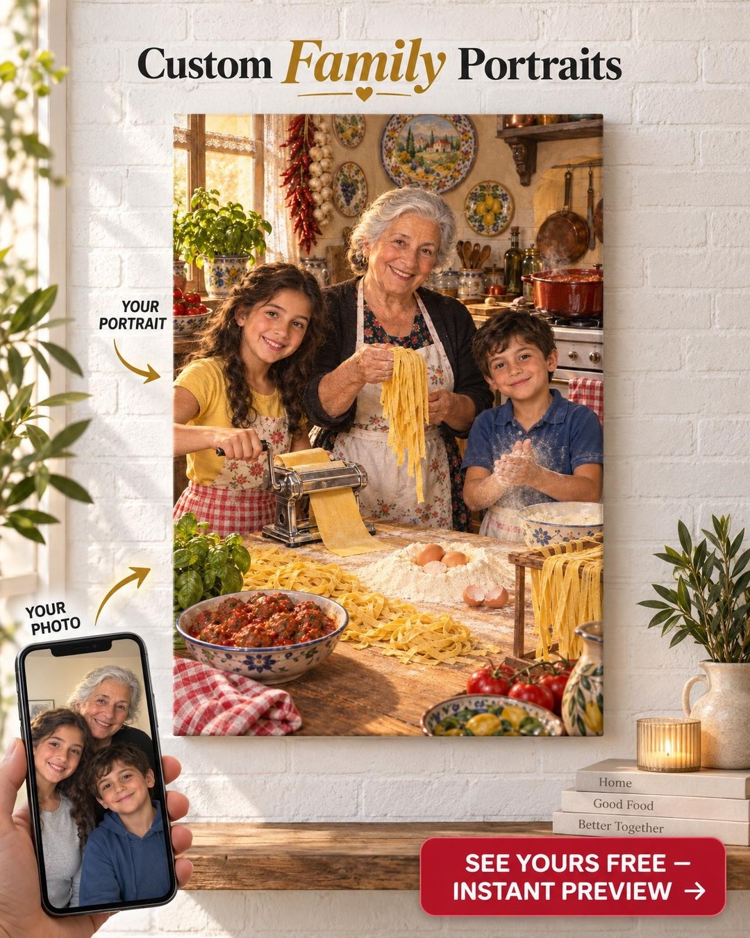 Sunday at Nonna's Custom Portrait from Photo | Personalized Grandma Kitchen Portrait Gift