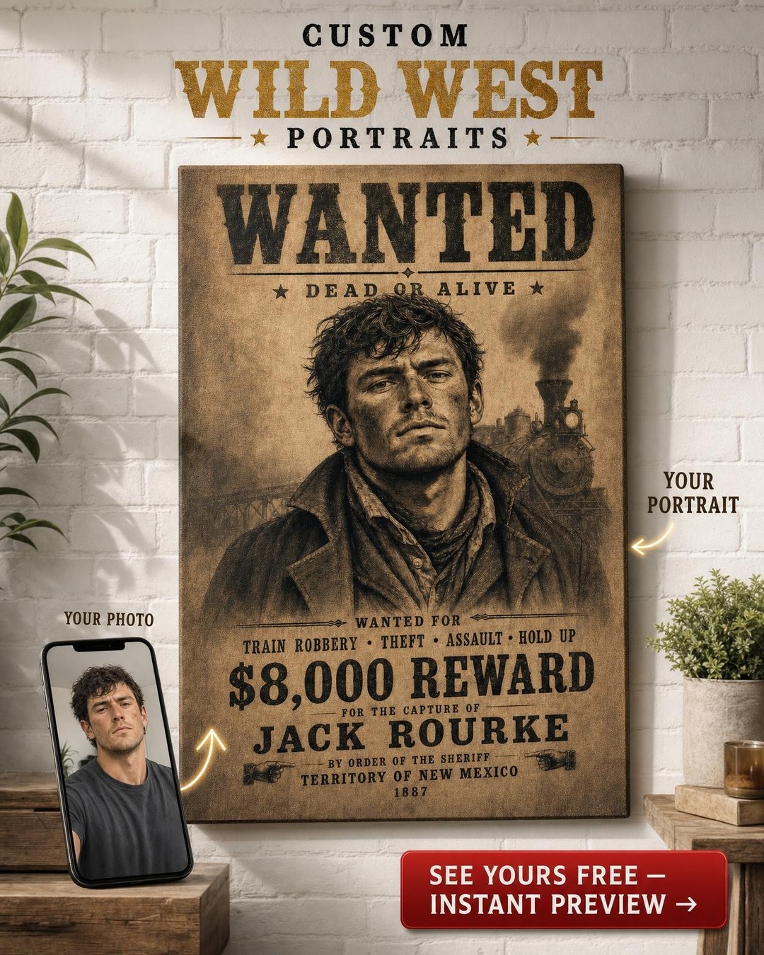 Train Robber Wanted Poster Custom Portrait from Photo | Personalized Canvas Gift
