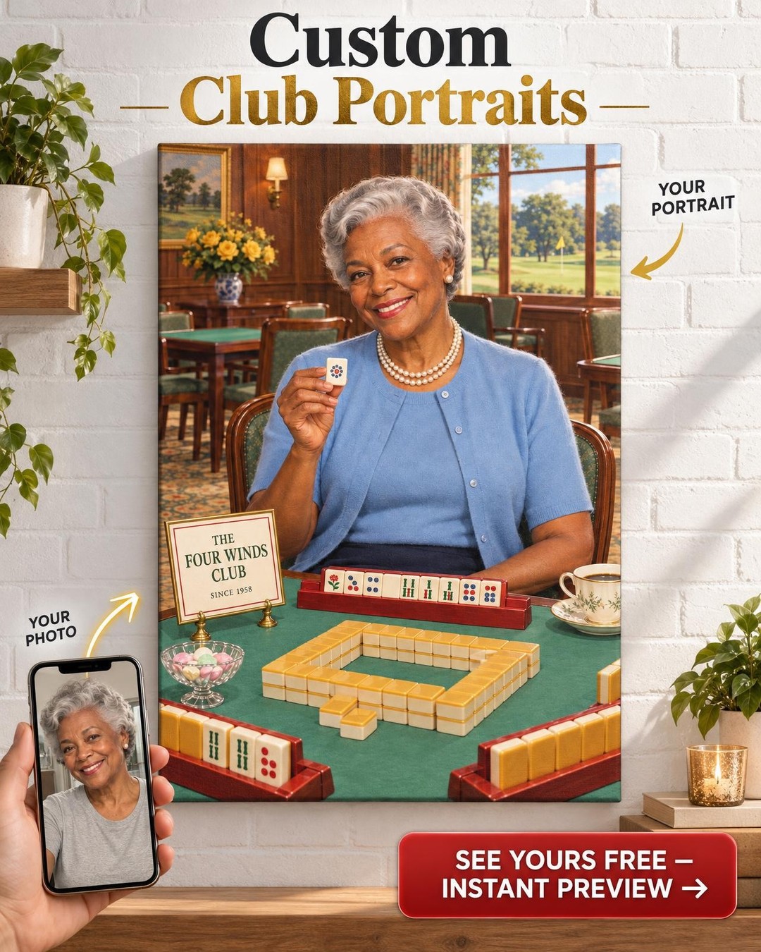 Mahjong Card Room Custom Portrait from Photo | Personalized Mahjong Portrait Gift