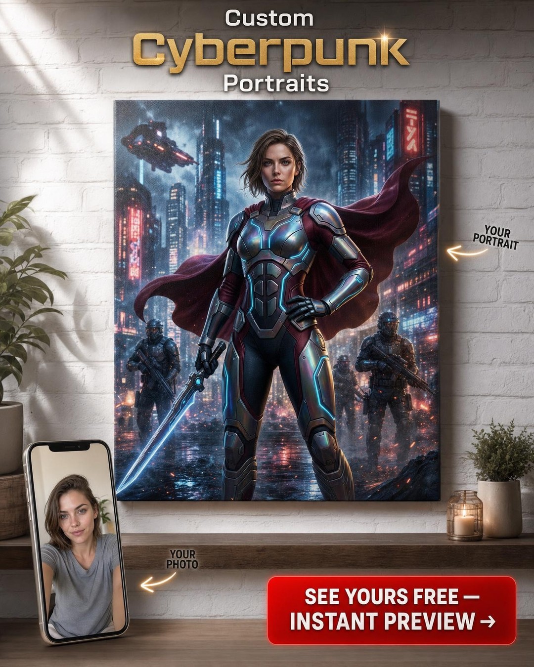 Custom Sci-Fi Woman Portrait — Heroic Superhero Canvas from Photo