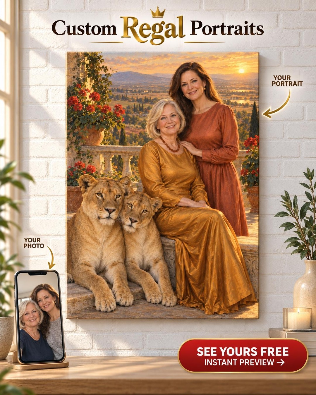 Two Lionesses Custom Portrait from Photo | Personalized Lioness Portrait Gift