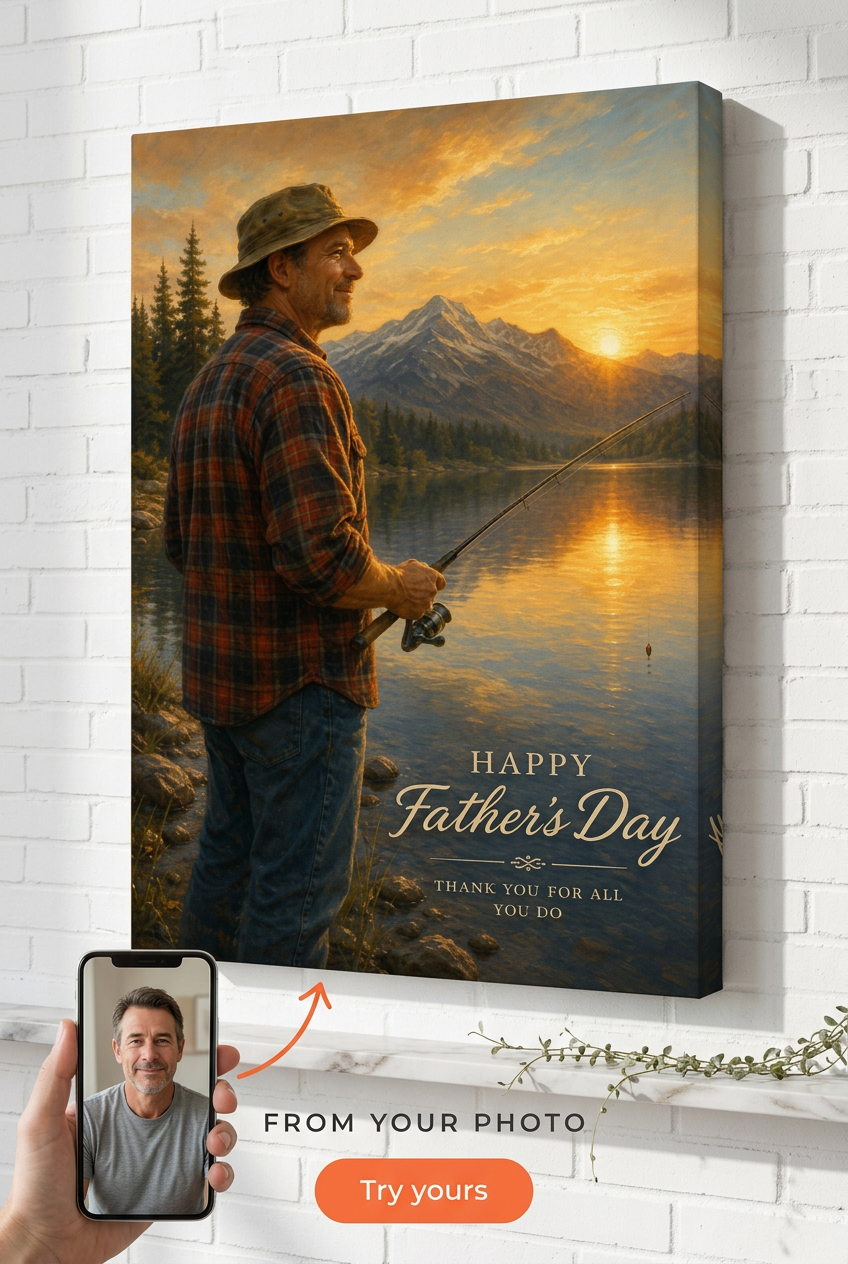 Custom Fishing Single Man Portrait — Serene Lakeside Canvas from Photo
