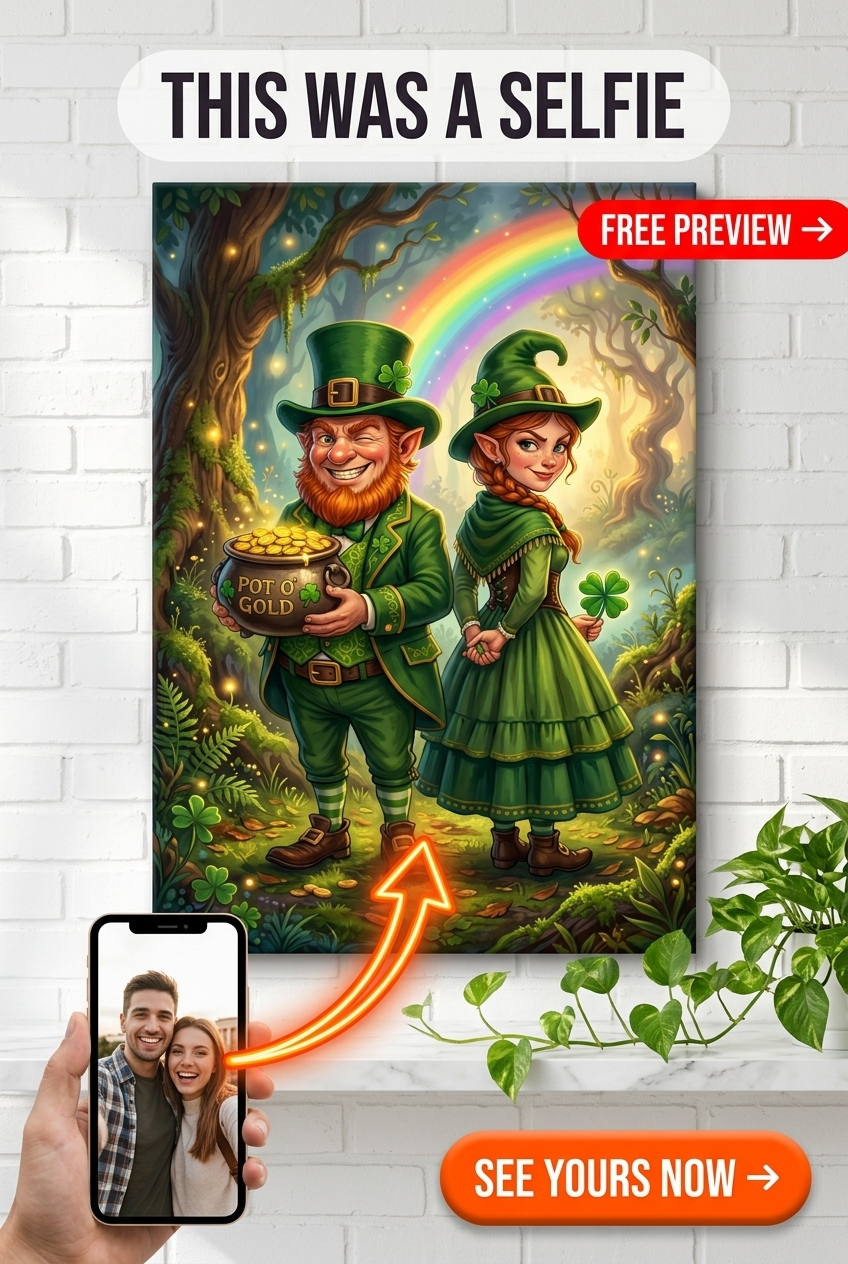 Custom Irish Couple Portrait — Whimsical Leprechaun Canvas