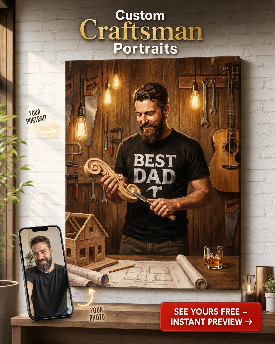 Craftsman 'Best Dad' Custom Portrait from Photo | Personalized Canvas Gift