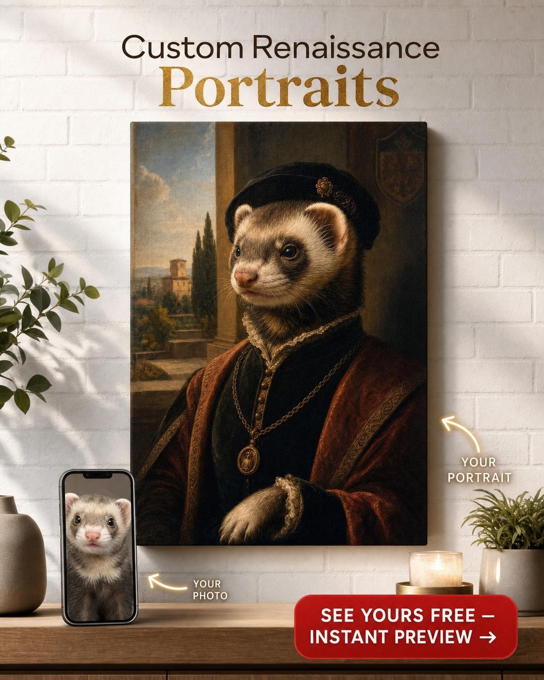 Custom Renaissance Cat Portrait — Whimsical Pet Canvas from Photo