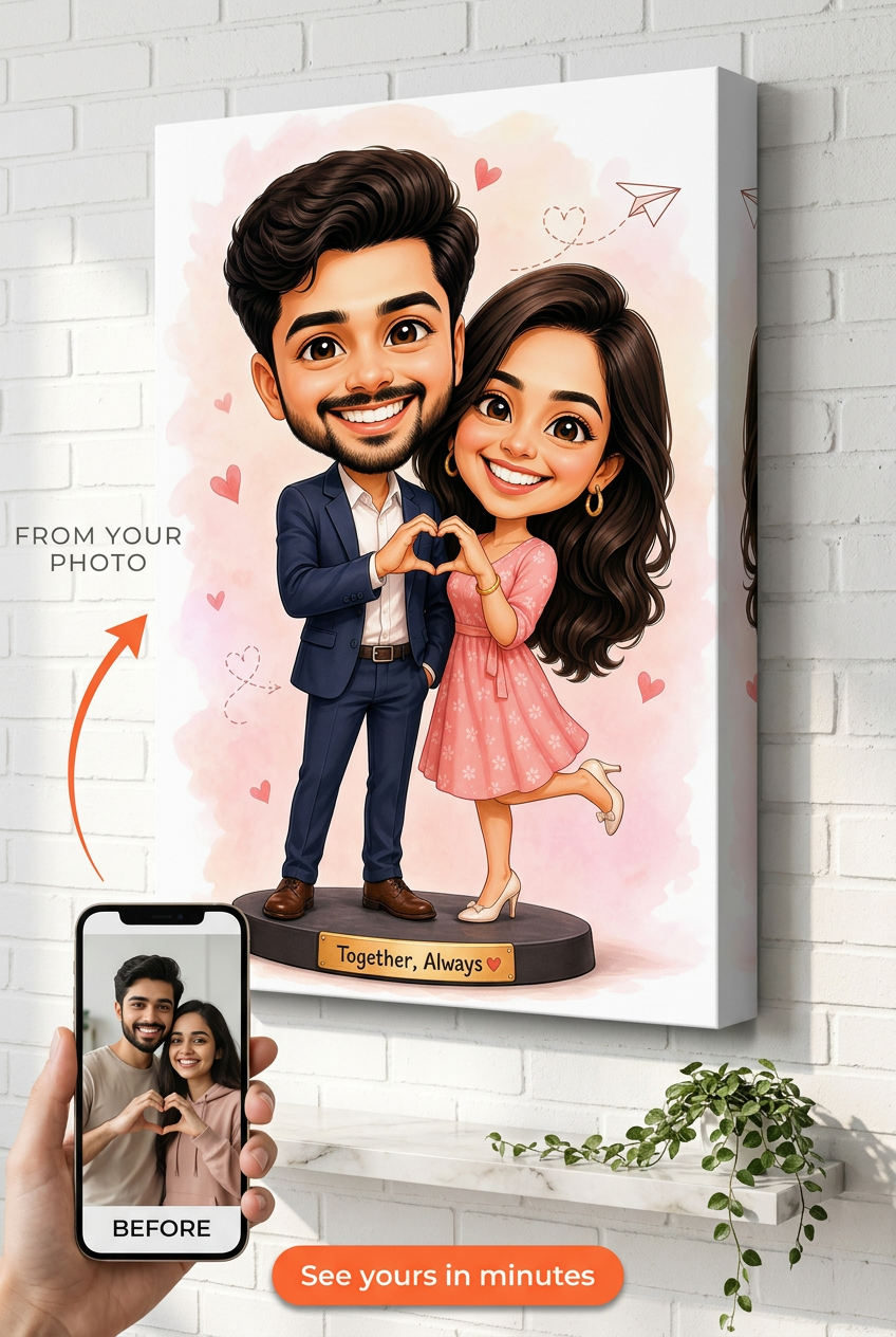 Custom Caricature Couple Portrait — Romantic Canvas Art from Photo