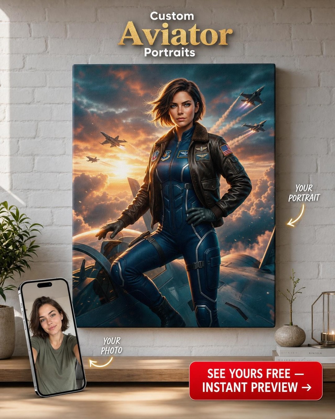 Custom Pilot Portrait for Woman — Heroic Fighter Jet Canvas