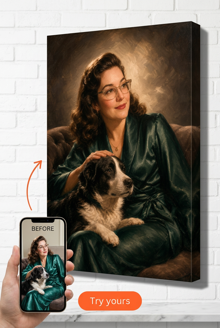Custom 1940s Hollywood Sofa Pet & Owner Portrait from Photo | Personalized Undefined Gift