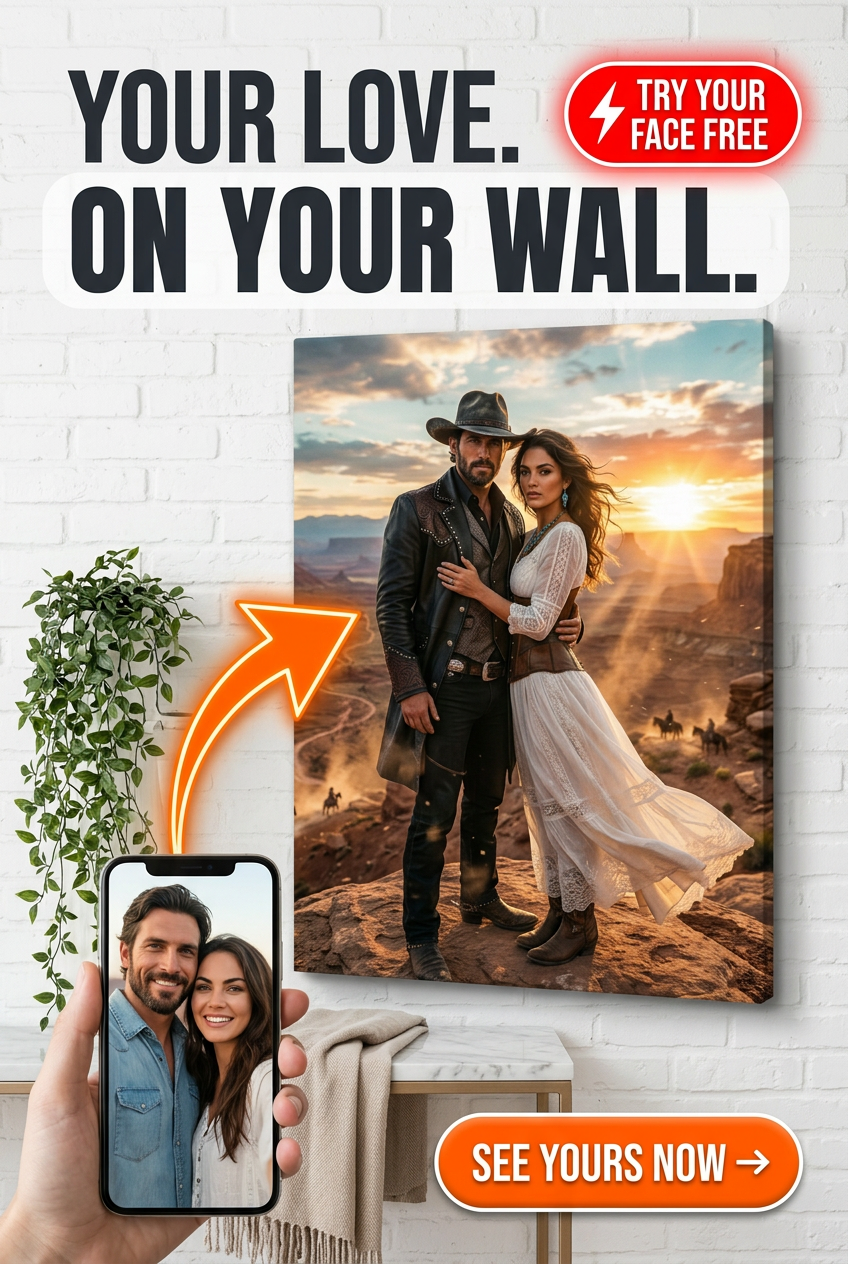 Custom Cowboy Couple Portrait Canvas — Romantic Western Art from Photo