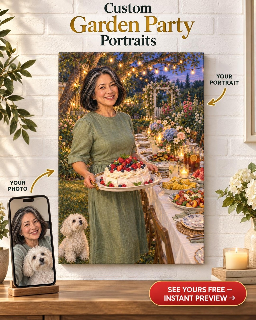 Garden Party Custom Portrait from Photo | Personalized Hostess Portrait Gift