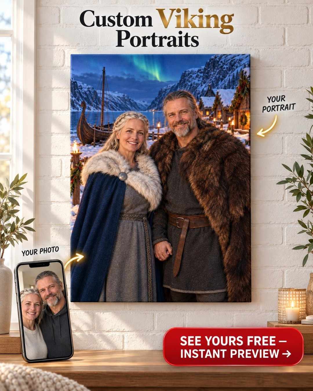 Custom Viking Yule Couple Portrait — Snowy Fjord at Blue Hour, Canvas from Photo