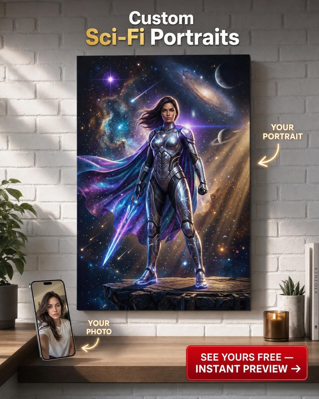 Custom Sci-Fi Man Portrait — Heroic Space Warrior Canvas from Photo