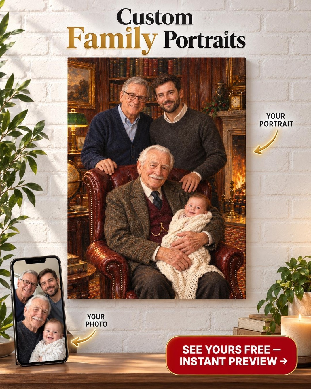 Four Generations of Men Custom Portrait from Photo | Personalized Generations Portrait Gift