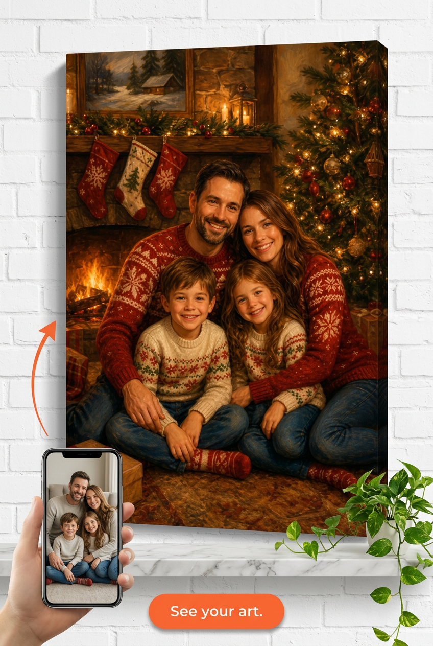 Custom Christmas Family Portrait — Festive Fireplace Canvas from Photo