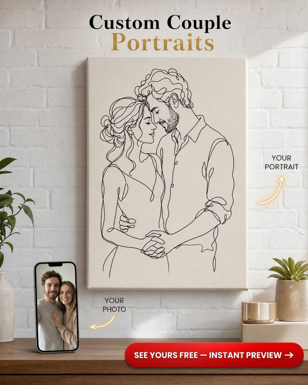 Custom Line Drawing Couple Portrait — Romantic Minimalist Canvas