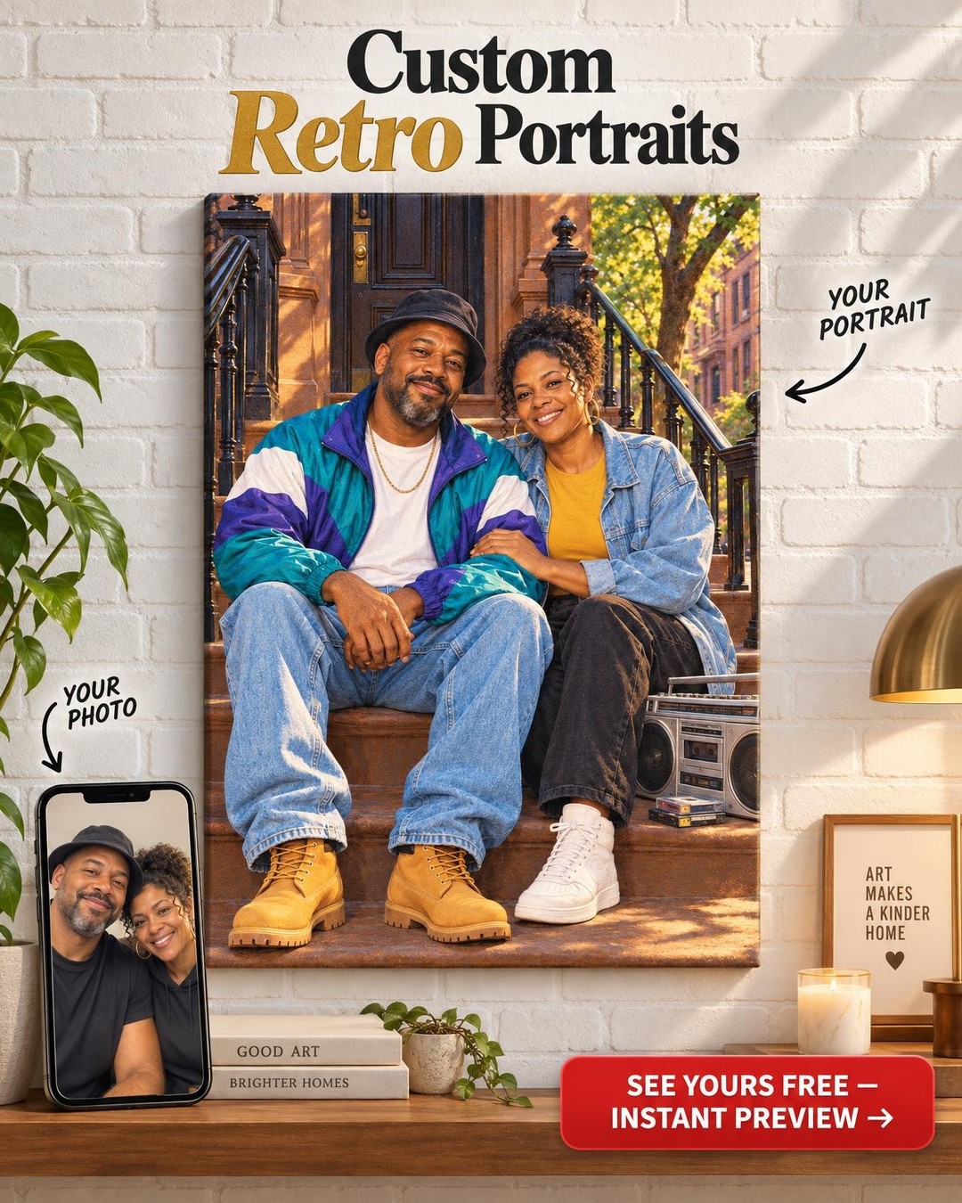 90s Hip Hop Couple Custom Portrait from Photo | Personalized Canvas Gift