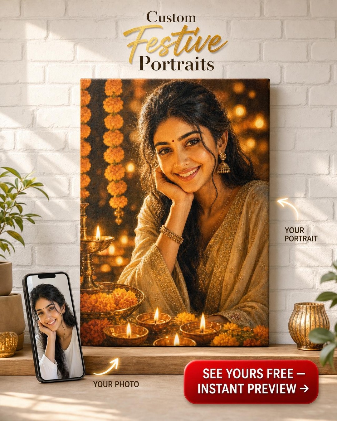 Diya Glow Diwali Custom Portrait from Photo | Personalized Canvas Gift