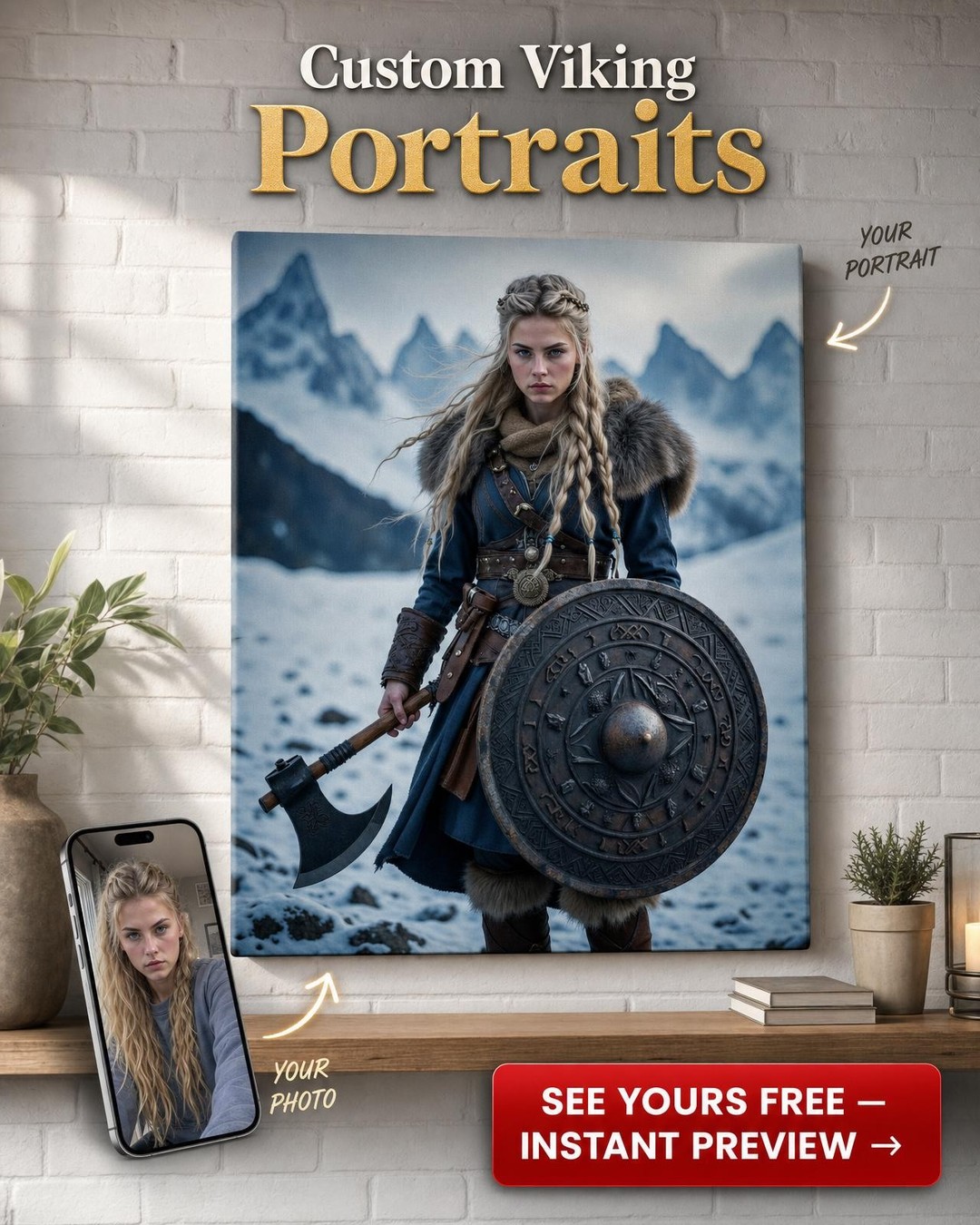 Vlastný Portrét s Vikingovou Tematikou z Fotografie | Osobný Darček pre ňu