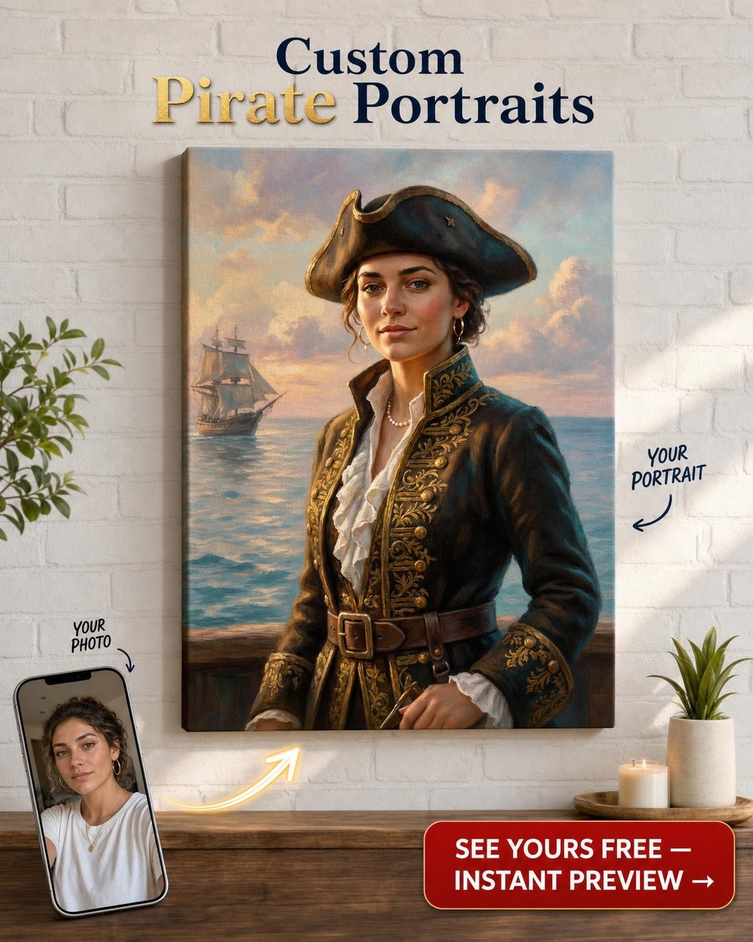 Custom Pirate Woman Portrait — Heroic Ocean Canvas from Photo