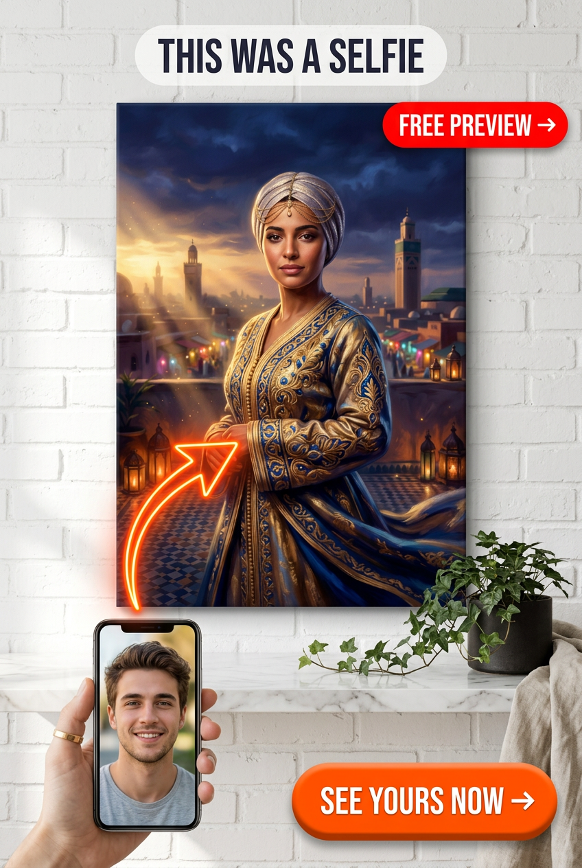 Custom Royal Woman Portrait — Regal Turban & Cityscape Canvas