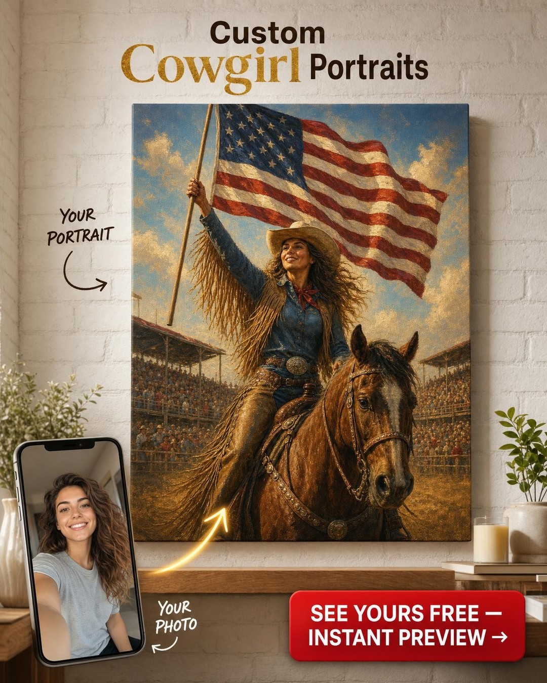 Rodeo Patriot Custom Portrait from Photo | Personalized Canvas Gift