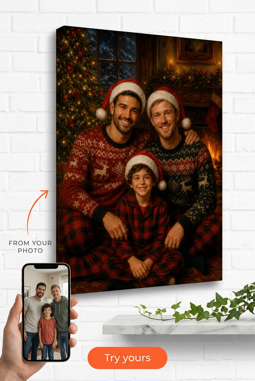 Custom Christmas Family Portrait — Whimsical Fireplace Canvas from Photo