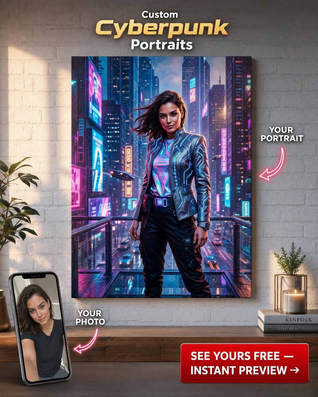 Custom Cyberpunk Single-Man Portrait — Heroic Neon Canvas for Woman