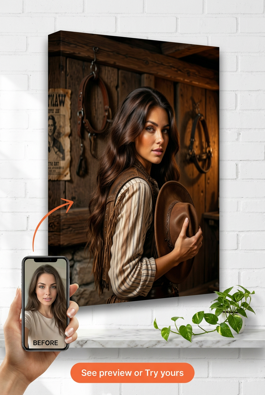 Custom Cowboy Woman Portrait — Regal Western Canvas from Photo