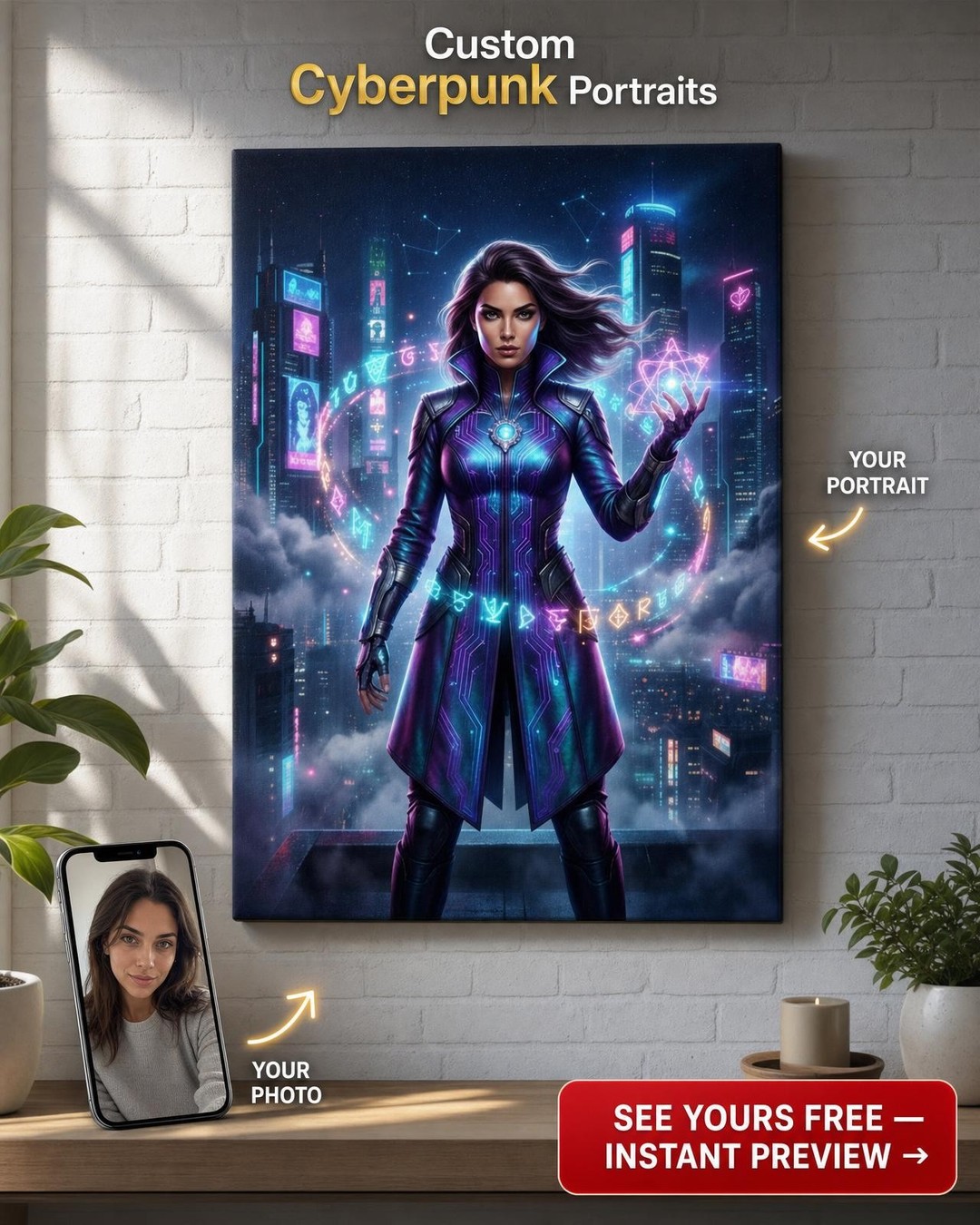 Custom Cyberpunk Single-Man Portrait — Heroic Futuristic Canvas