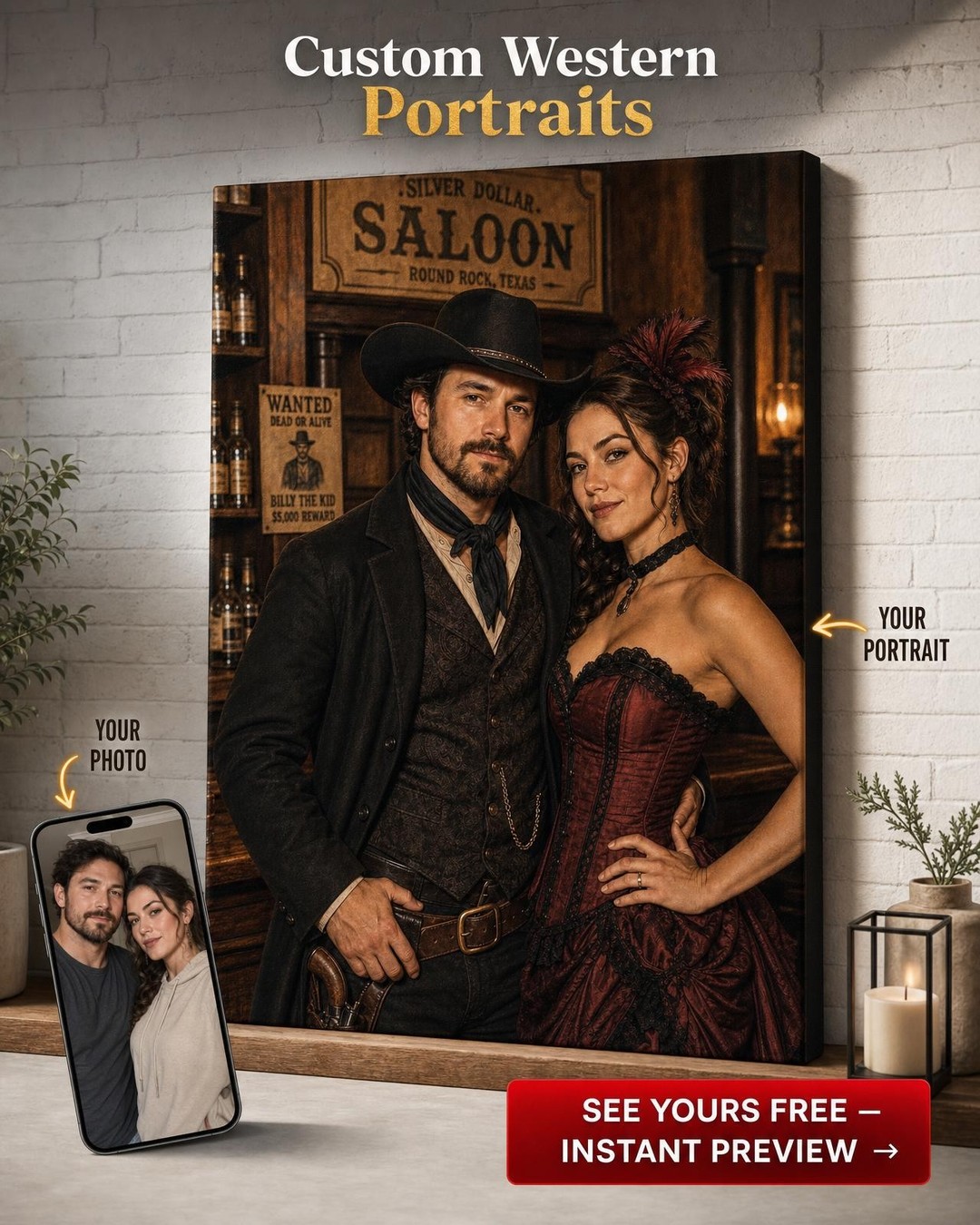 Custom Cowboy Couple Portrait — Romantic Wild West Canvas
