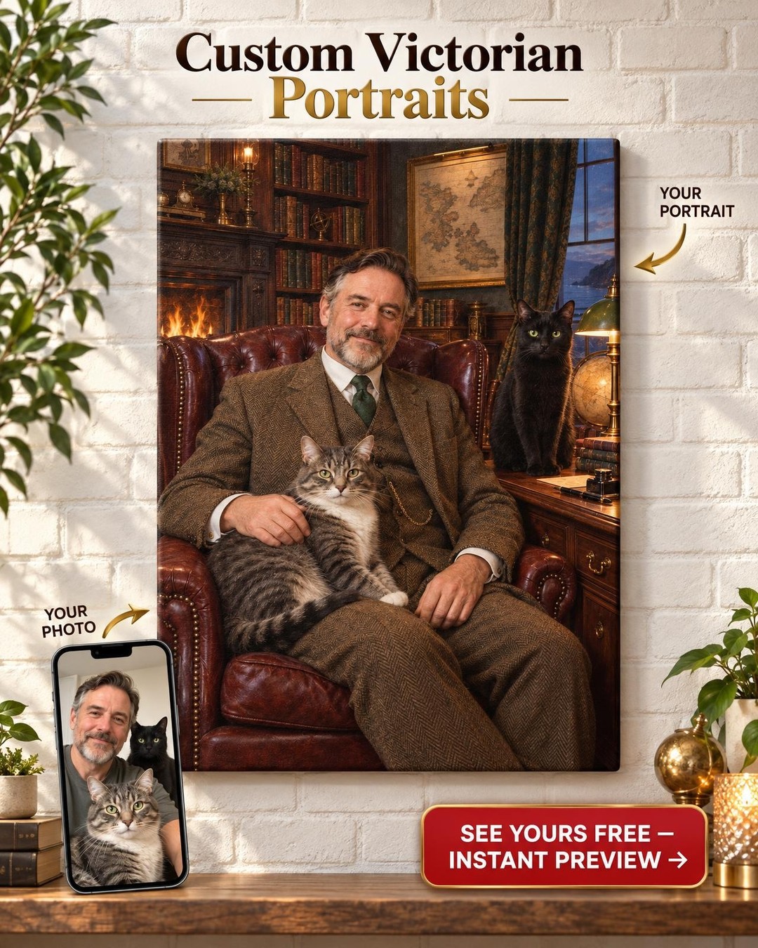 Victorian Study Cat Dad Custom Portrait from Photo | Personalized Cat Family Gift